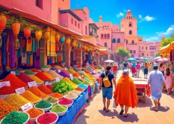 Vibrant market stalls with rainbow-colored spices and traditional architecture