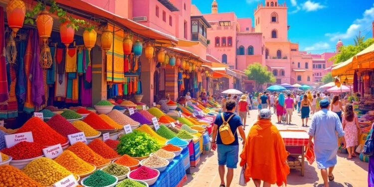 Vibrant market stalls with rainbow-colored spices and traditional architecture