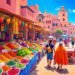 Vibrant market stalls with rainbow-colored spices and traditional architecture