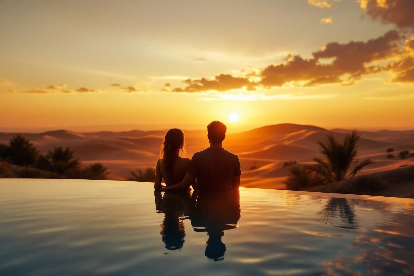 Deux silhouettes dans une piscine &agrave; d&eacute;bordement face aux dunes