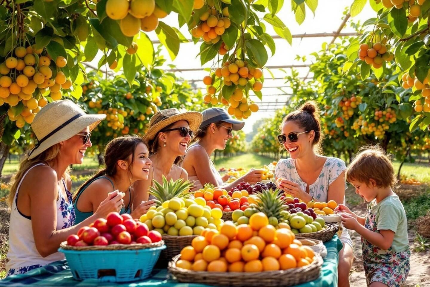 Women and child harvesting fruits in sunny orchard