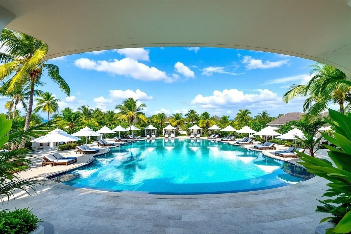 Turquoise swimming pool with white umbrellas and palm trees