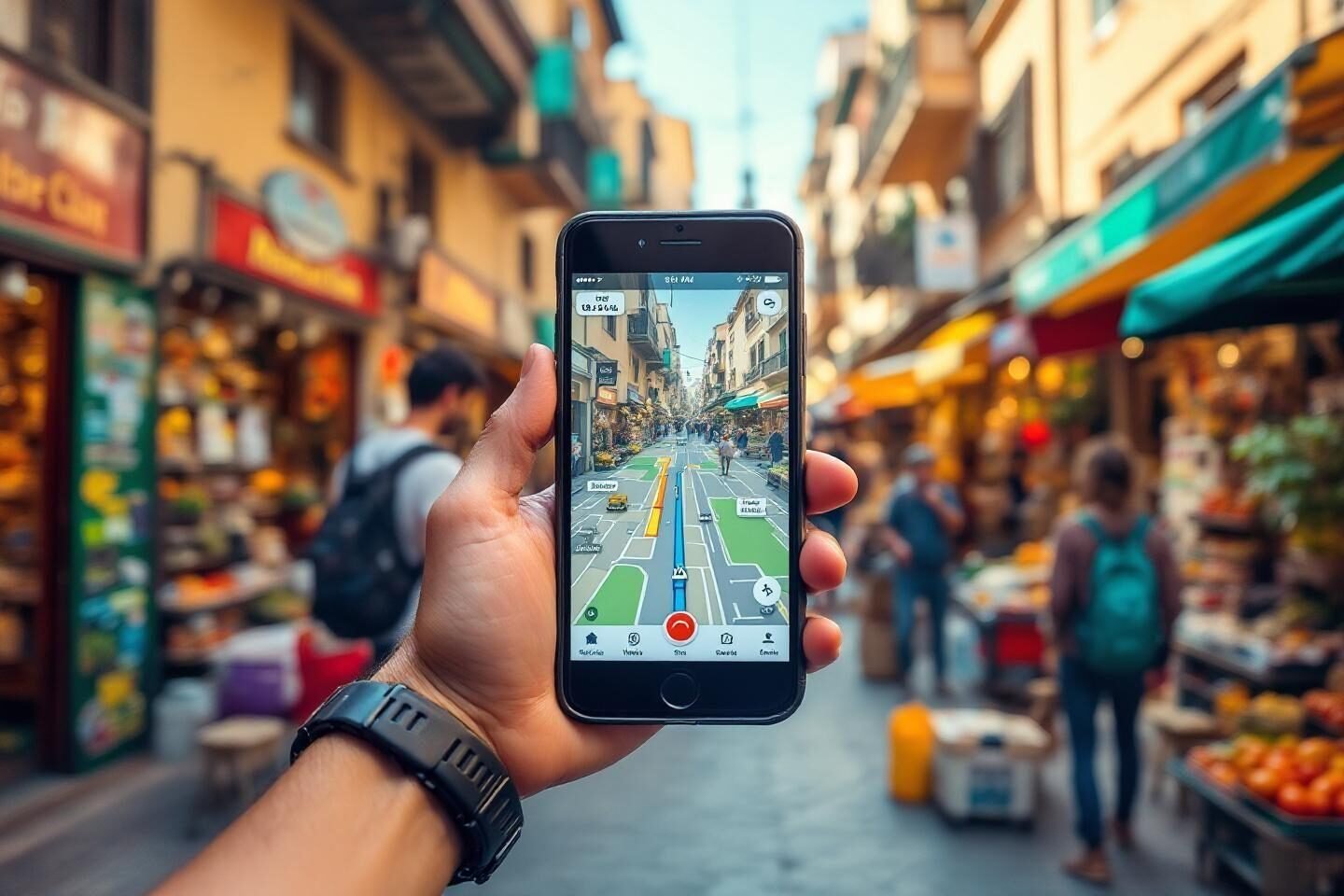 Smartphone showing map in crowded market street with blurred background