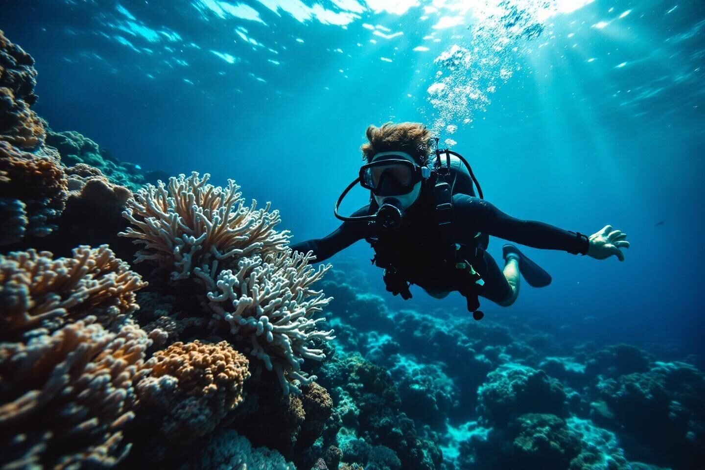 Que faire à Zanzibar ? Les meilleures activités et lieux incontournables Plongeur explorant un monde sous-marin bleu aux coraux vibrants