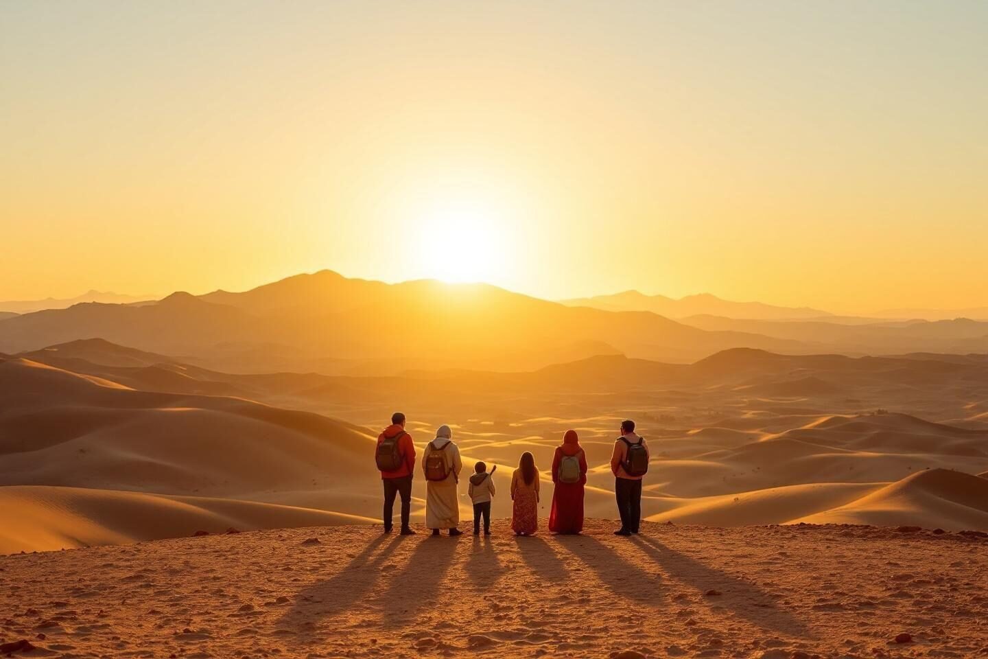 Groupe de voyageurs face au soleil levant dans un d&eacute;sert
