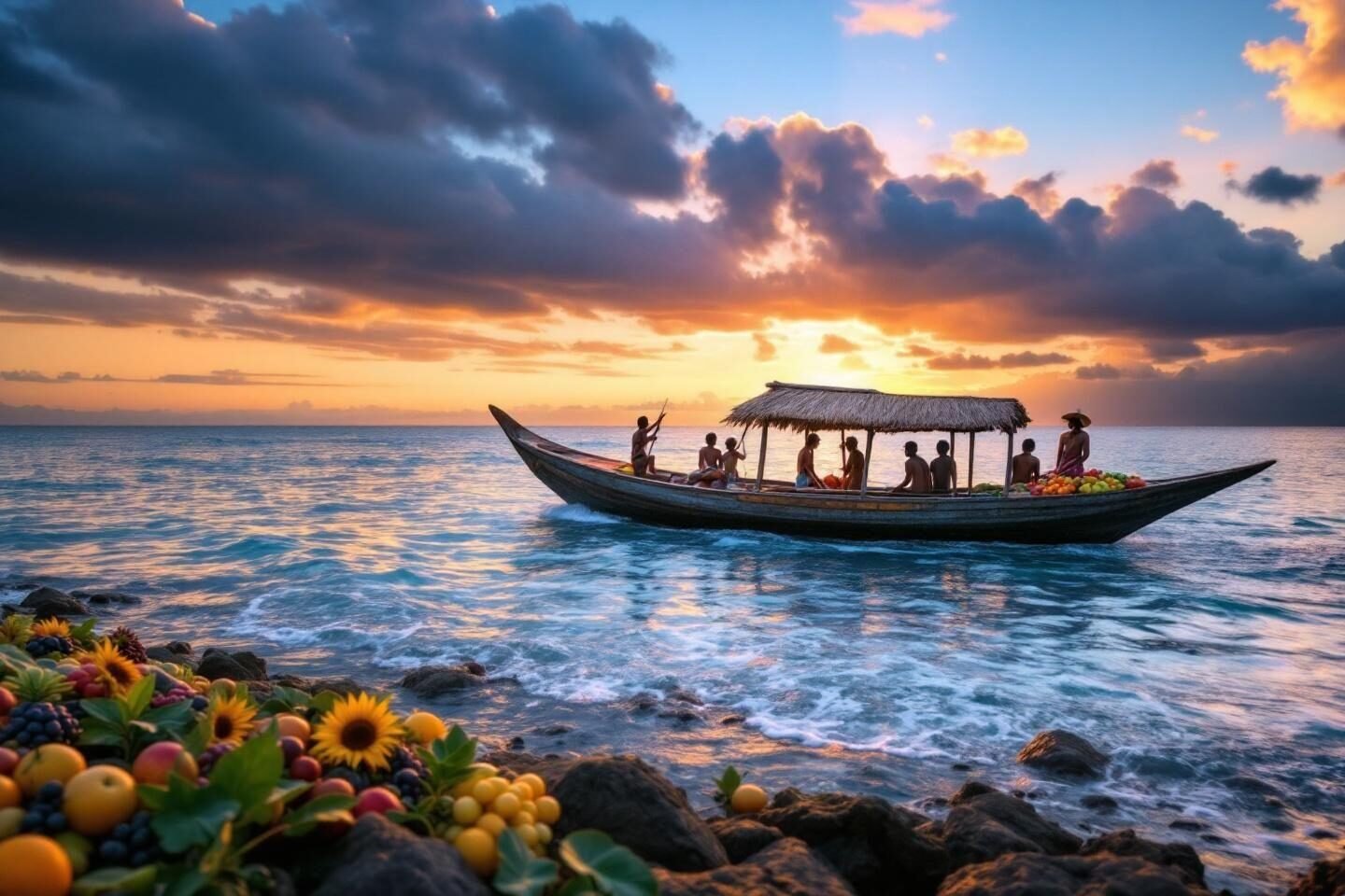 Traditional boat sailing at sunset with colorful fruits nearby