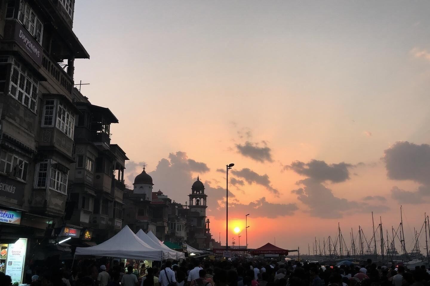 Bustling waterfront market with sunset, buildings, and marina
