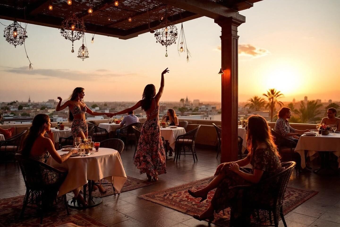 Women enjoying sunset on rooftop restaurant with city view