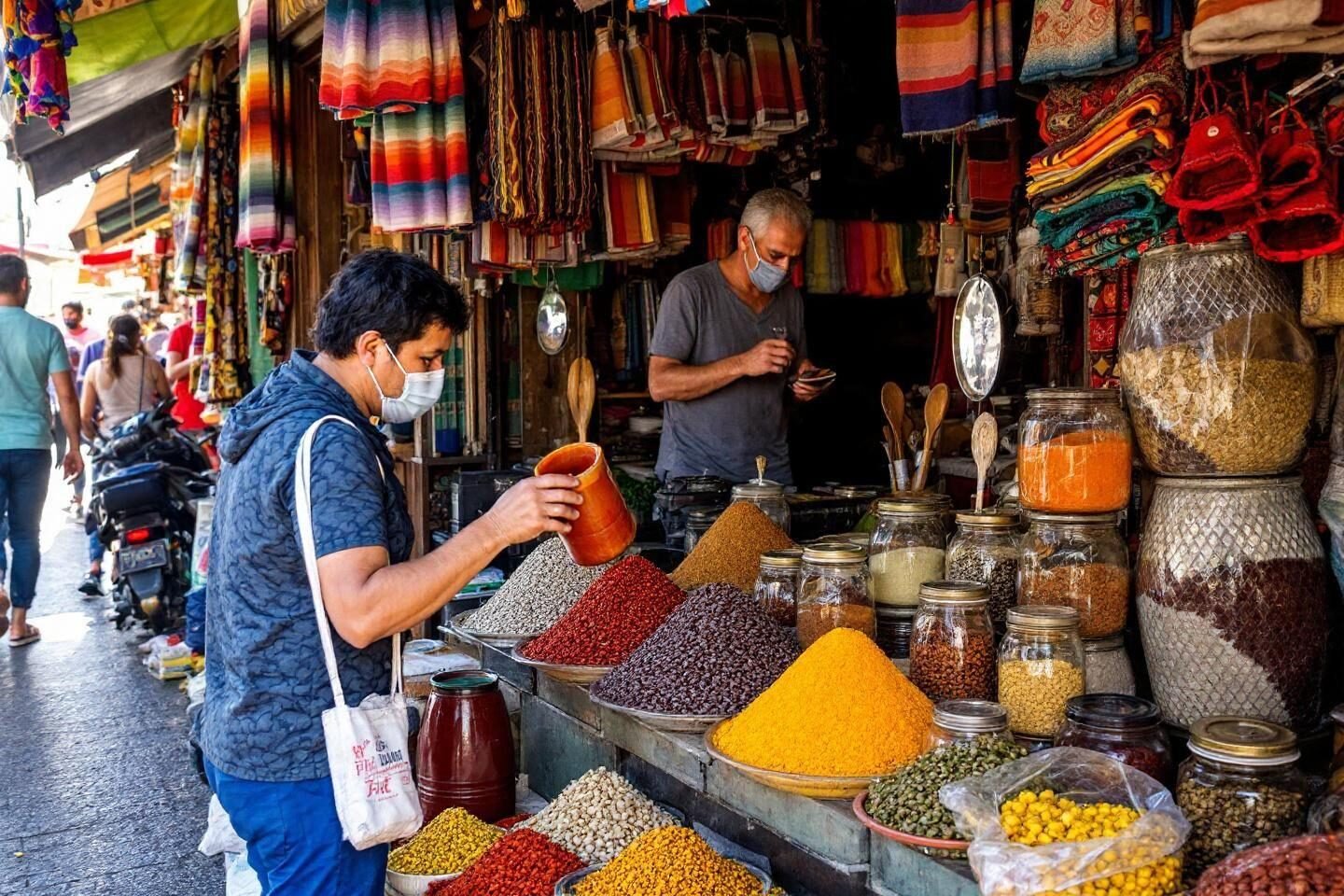 Que faire à Zanzibar ? Les meilleures activités et lieux incontournables Marché aux épices coloré avec vendeurs portant des masques
