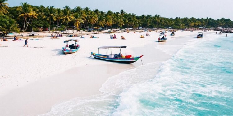 White sandy beach, turquoise waves, palm trees, traditional boats