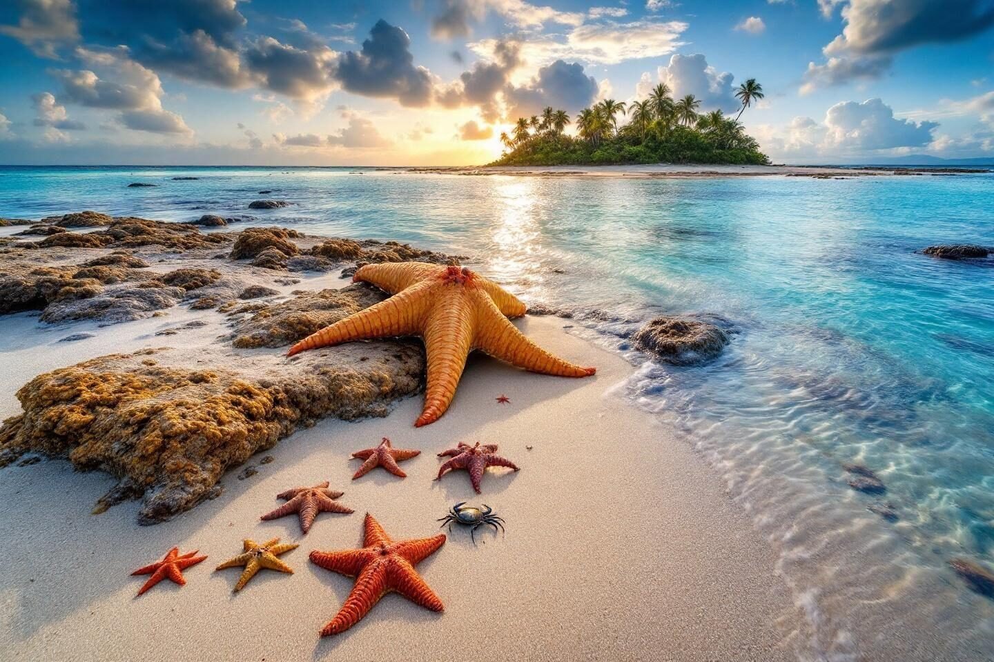 Vibrant starfish on sandy beach with palm island at sunset