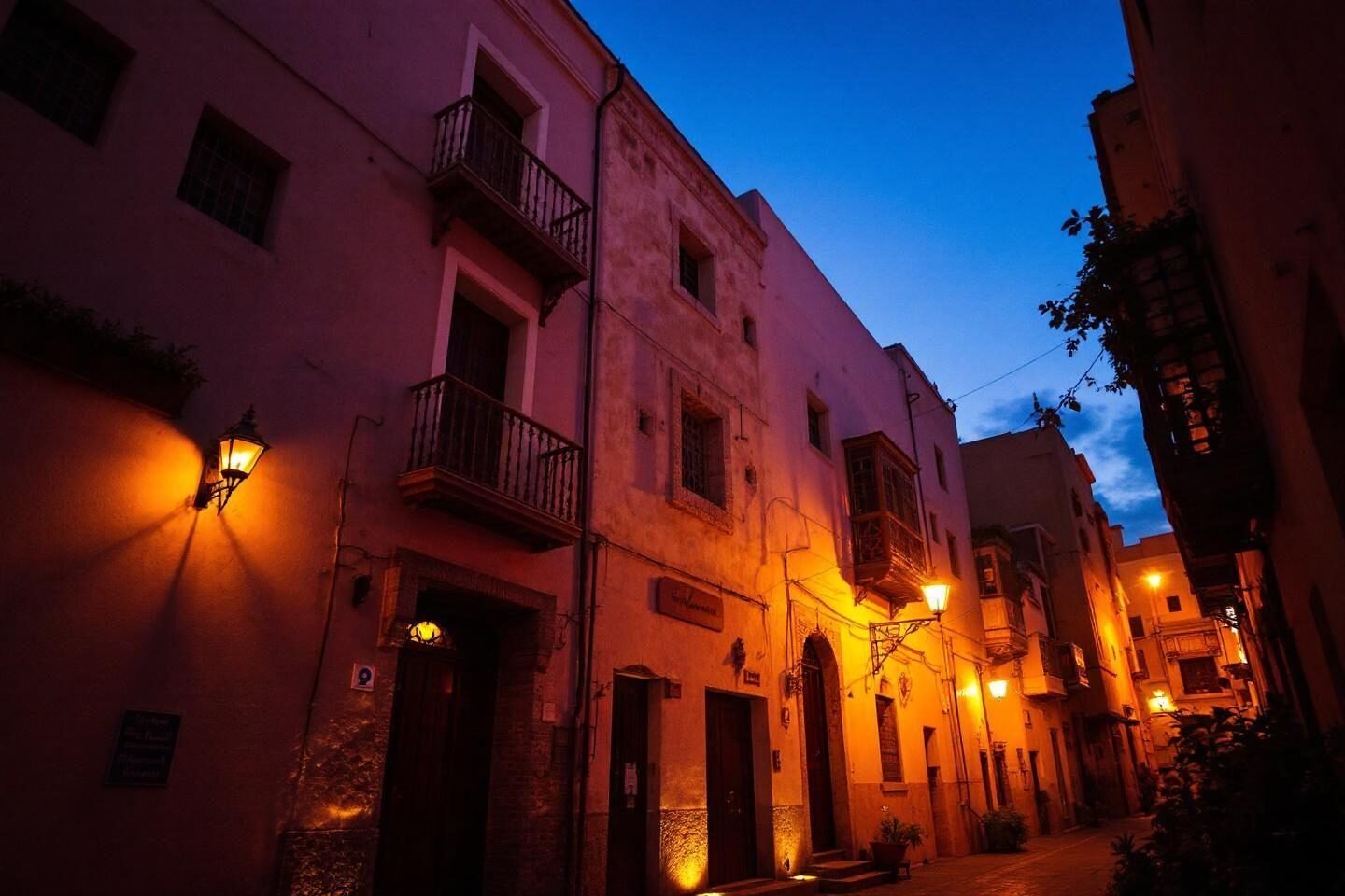 Narrow street with warm streetlamps against deep blue evening sky