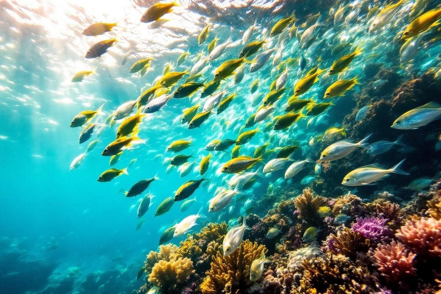 Underwater scene with yellow and white fish swimming near colorful corals