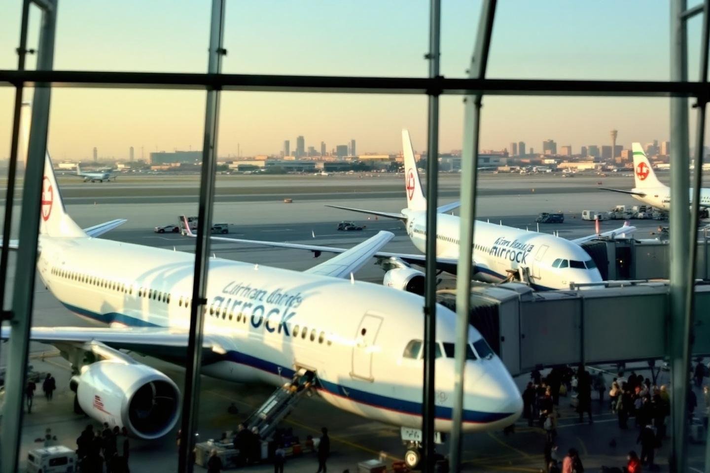 White planes parked at airport gate with city skyline