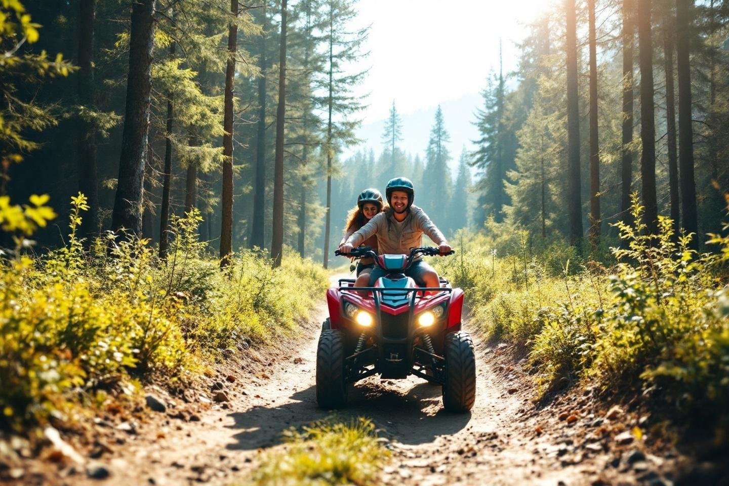 Two riders on red ATV driving through sunlit forest path