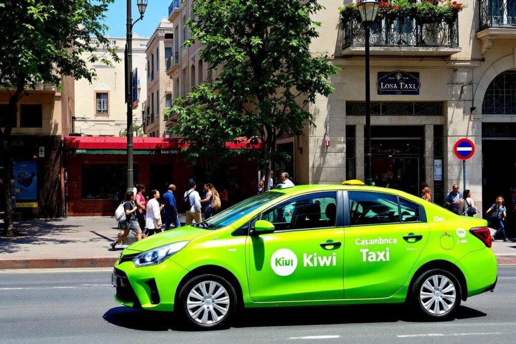 Kiwitaxi : book airport transfers at affordable prices Vibrant lime green taxi parked on city street with pedestrians