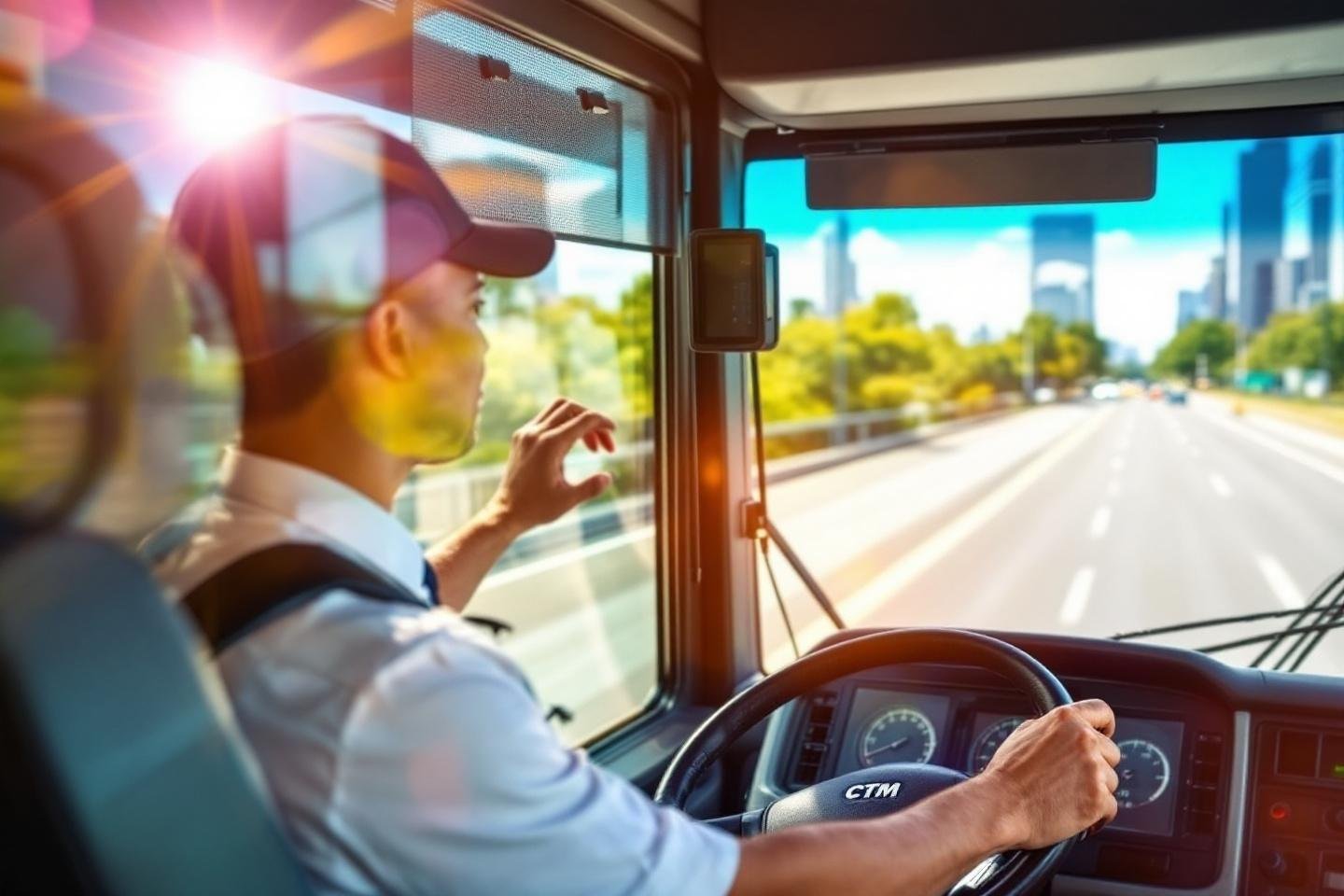 Complete guide to travel around Morocco with KiwiTaxi : airports, cities, and hotels Driver in cap steering bus along city street with skyscrapers