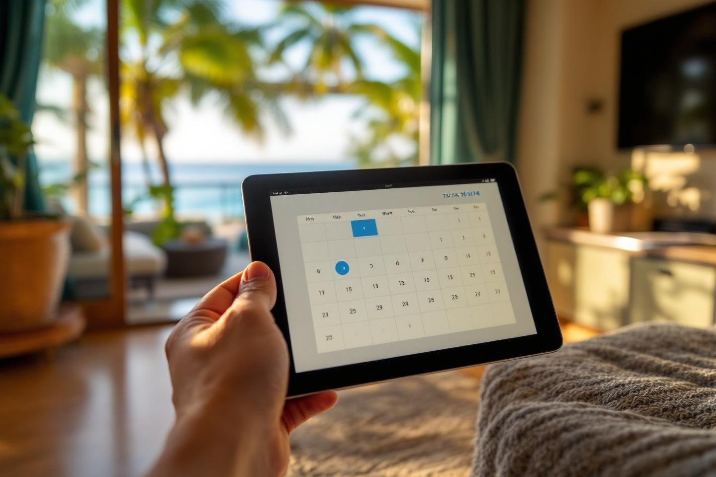 Hand holding digital tablet with calendar, tropical view behind