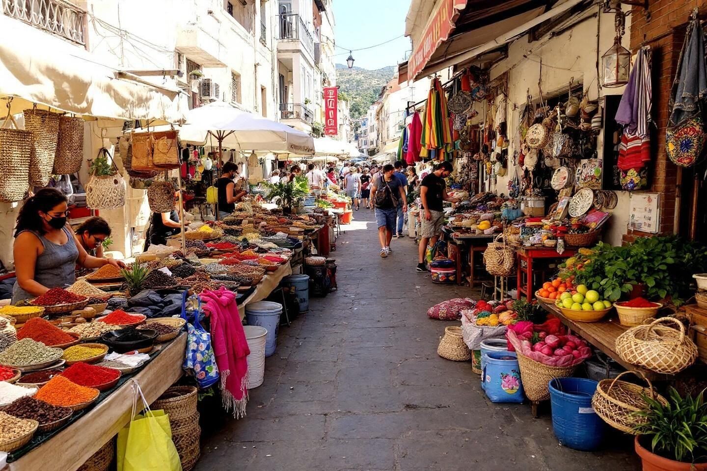 Vibrant market stalls with spices, fruits, and local goods