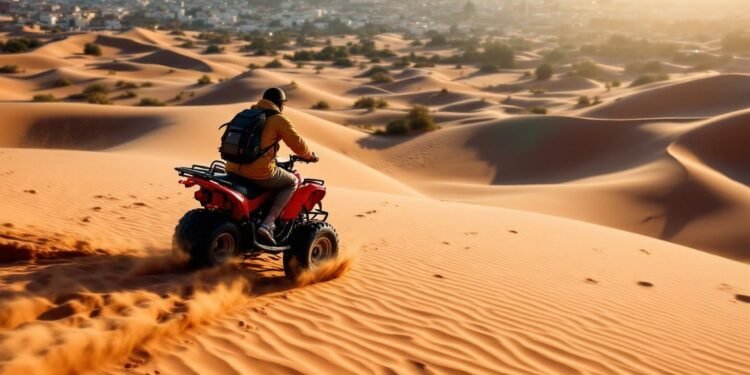 Red quad bike riding on sand dunes with urban skyline