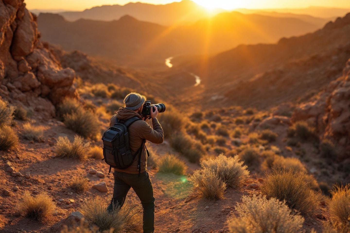 Photographer capturing golden landscape with camera and backpack