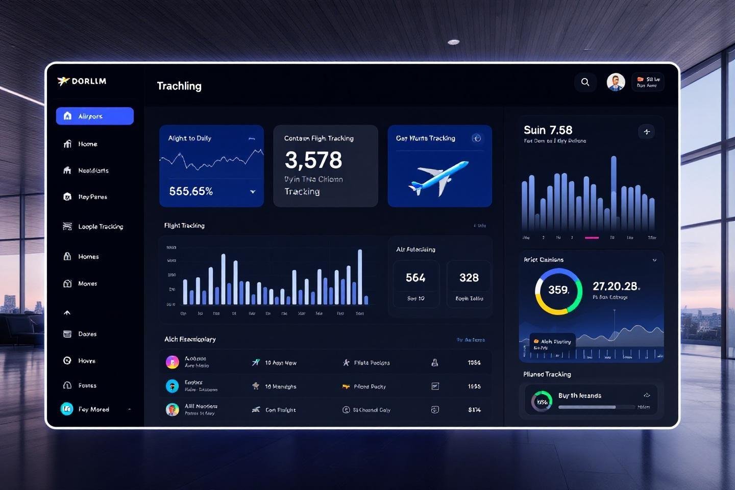 Dark-themed aviation analytics dashboard with multiple data visualizations