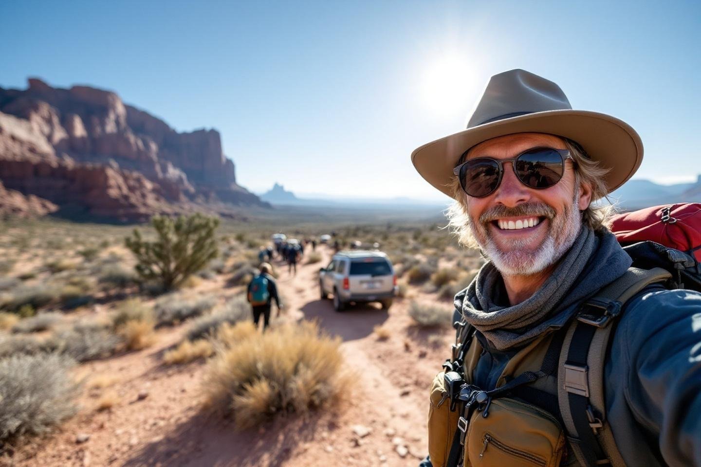 Smiling older hiker with hat and backpack in rocky desert