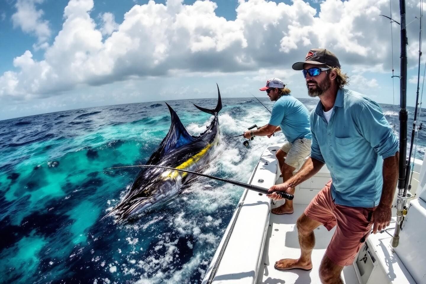 Two anglers battling large marlin from boat's side