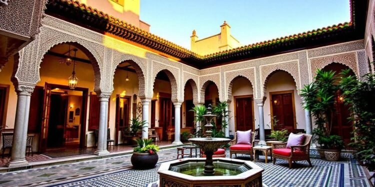Elegant traditional Islamic architectural courtyard with fountain