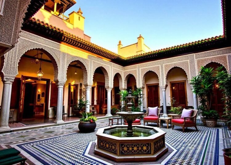 Elegant traditional Islamic architectural courtyard with fountain