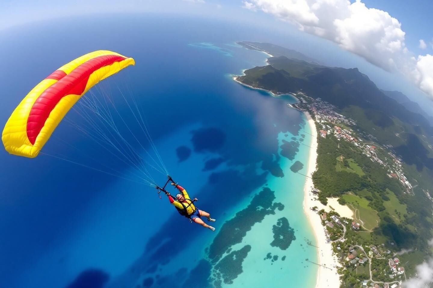 Paraglider flying above turquoise waters and green mountainous island