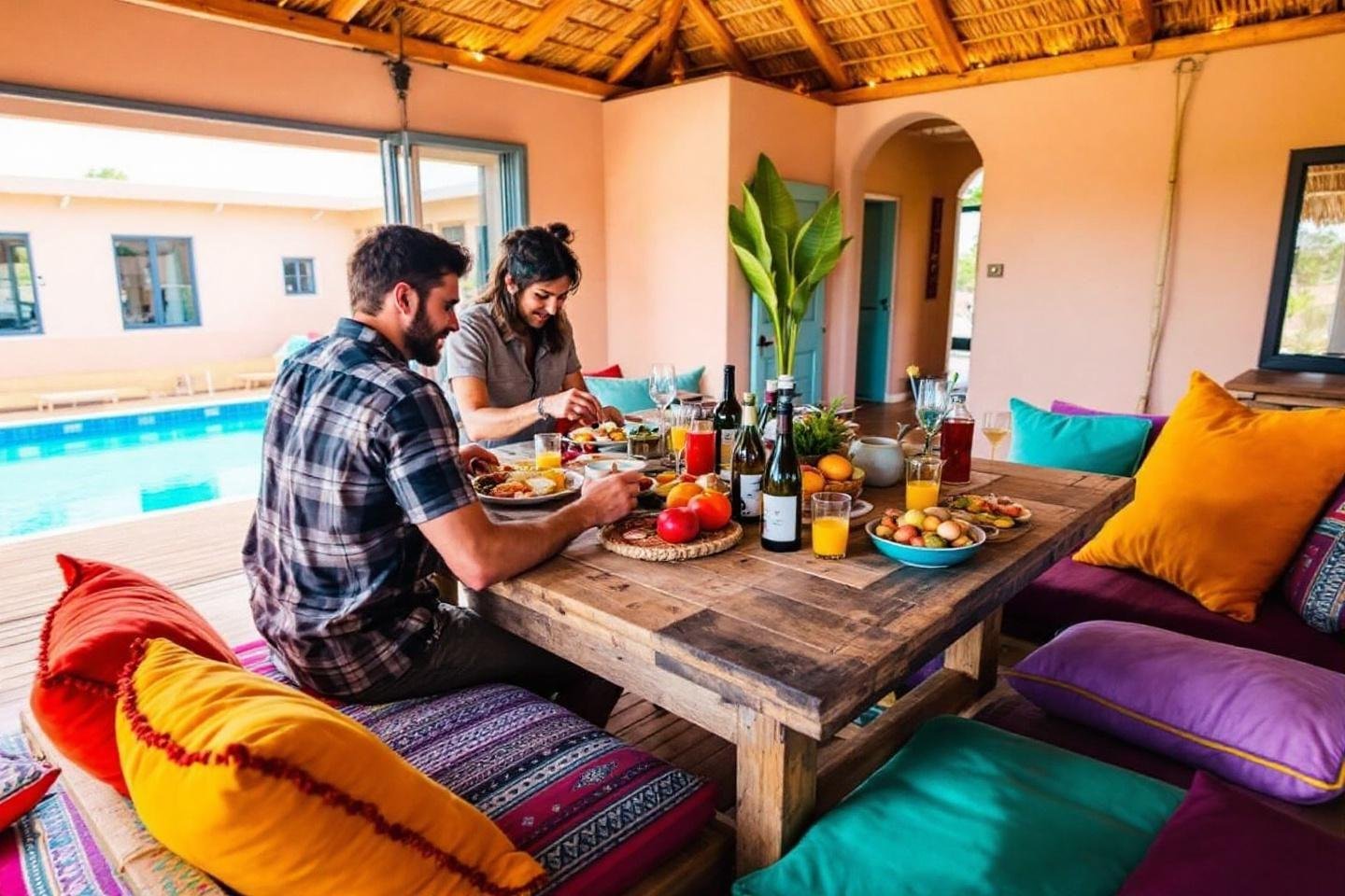 Two people enjoy colorful breakfast by swimming pool