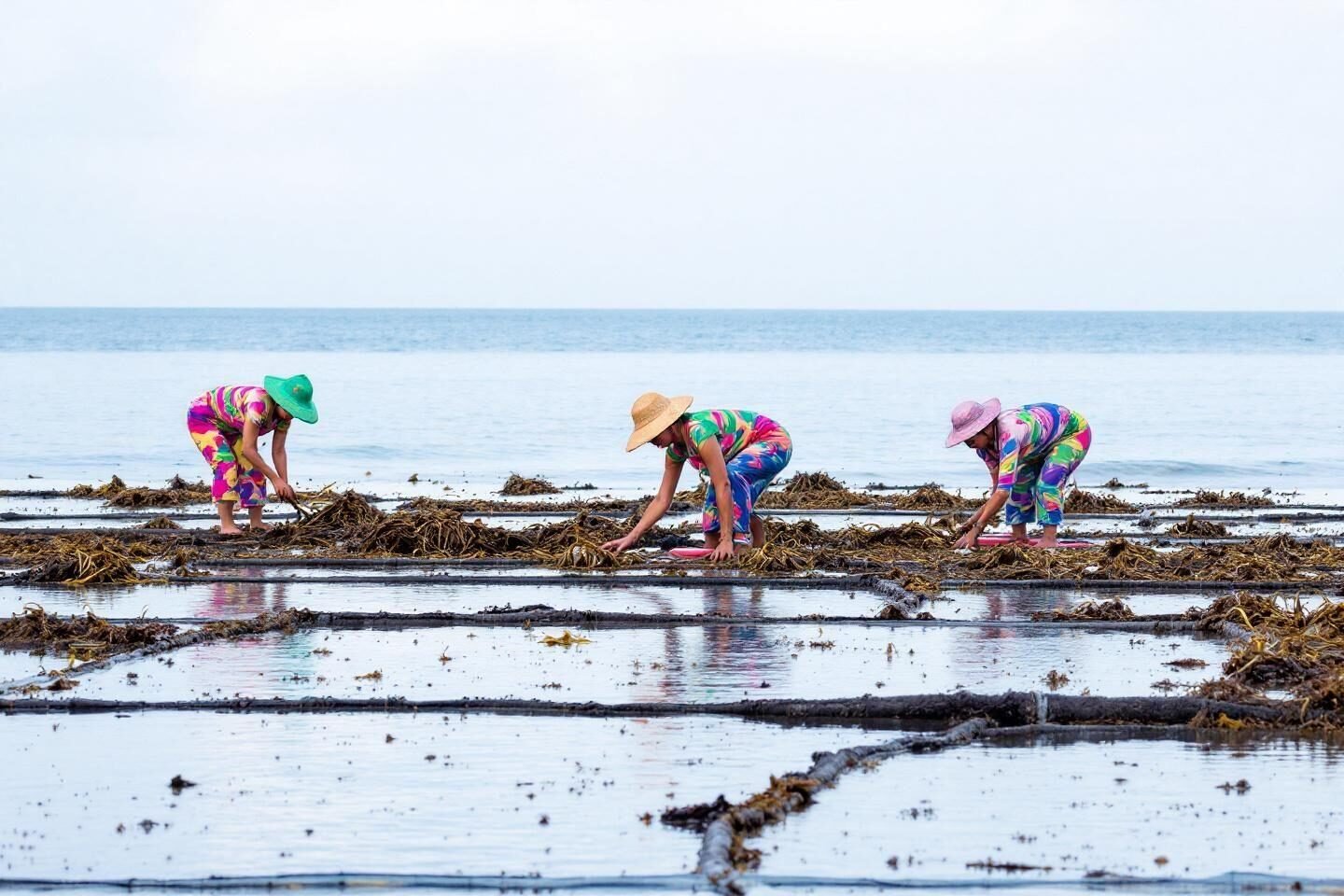 Three workers collecting seaweed on tidal flats near ocean