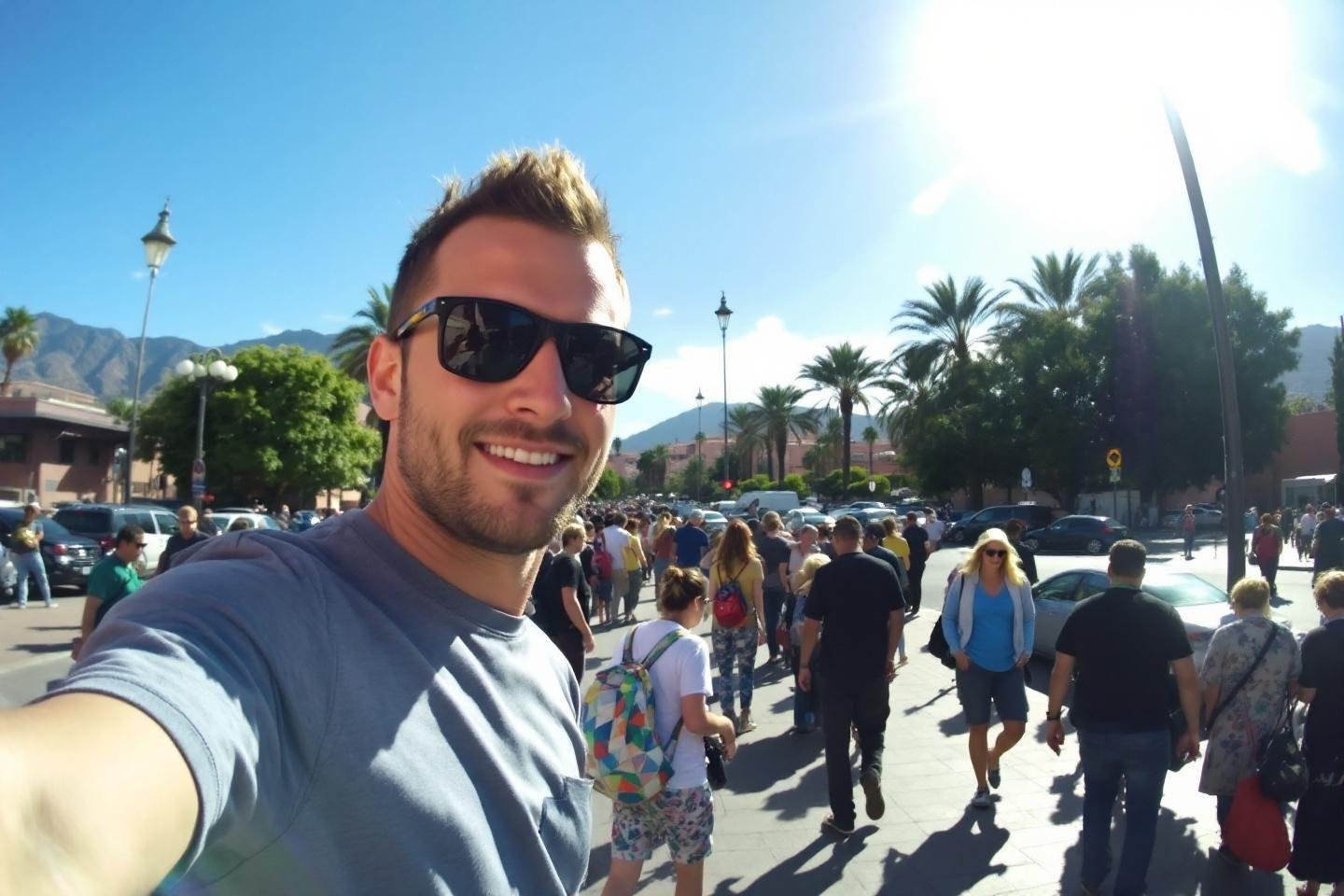 Smiling man in sunglasses takes selfie with busy street behind