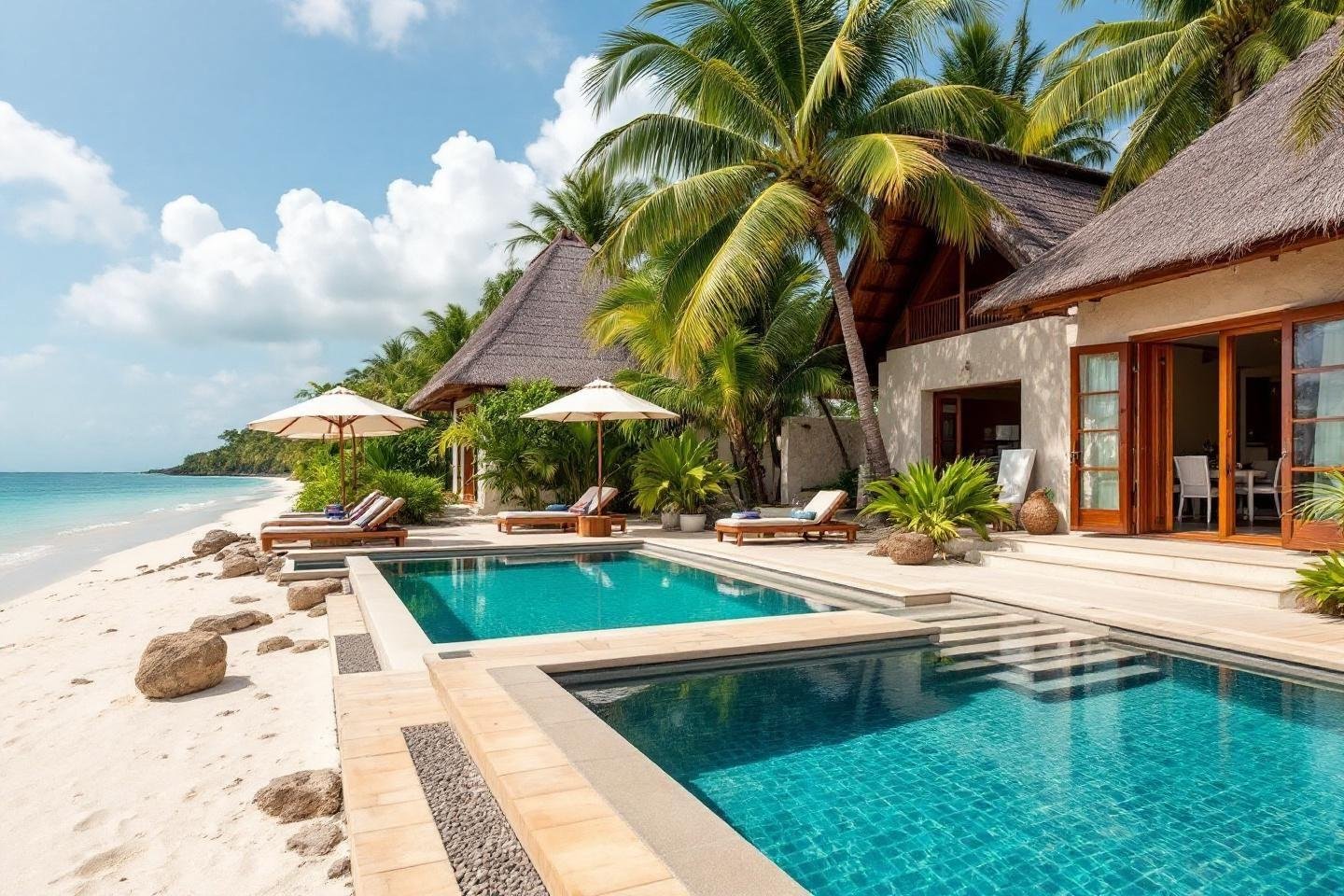 Luxury resort bungalow with swimming pool by turquoise ocean