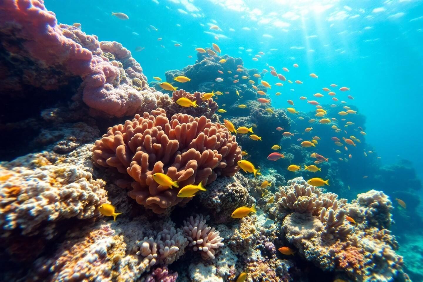 Yellow fish swimming around colorful coral formations in blue ocean