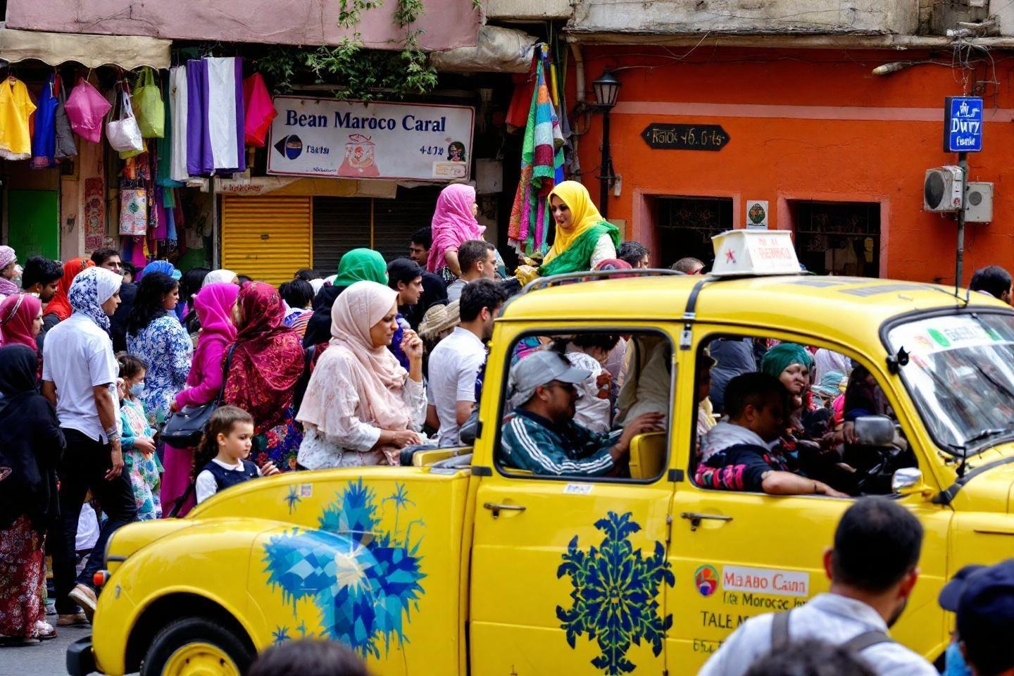 Complete guide to travel around Morocco with KiwiTaxi : airports, cities, and hotels Yellow taxi, colorful crowd, women in hijabs on bustling street