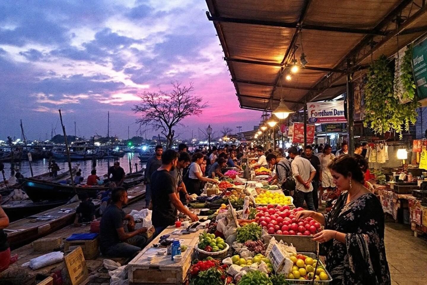 Colorful fruit stalls by harbor at twilight with boats