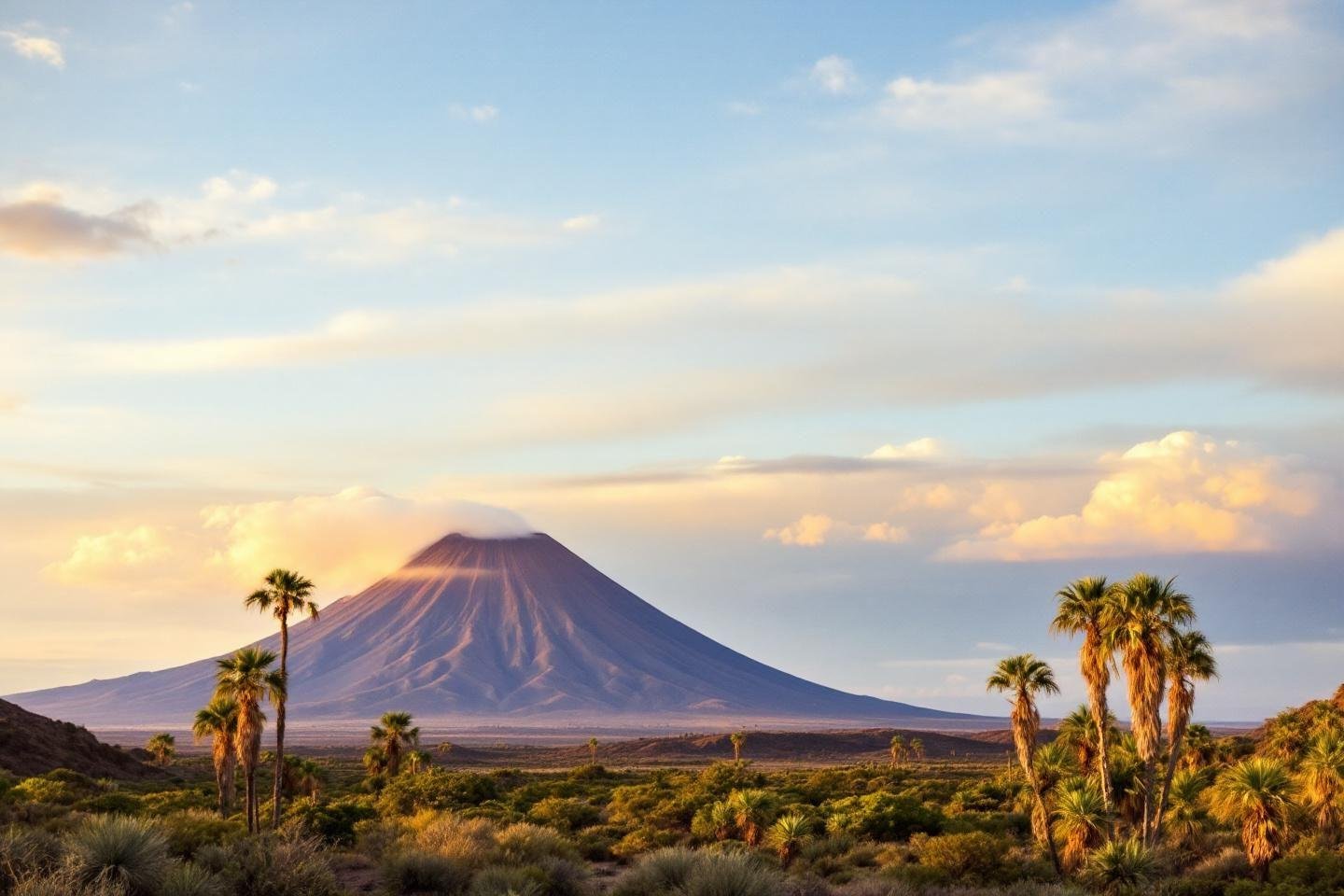 Majestic volcano rises behind lush palm tree landscape