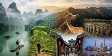 Composite image showcasing China's natural beauty and cultural heritage sites