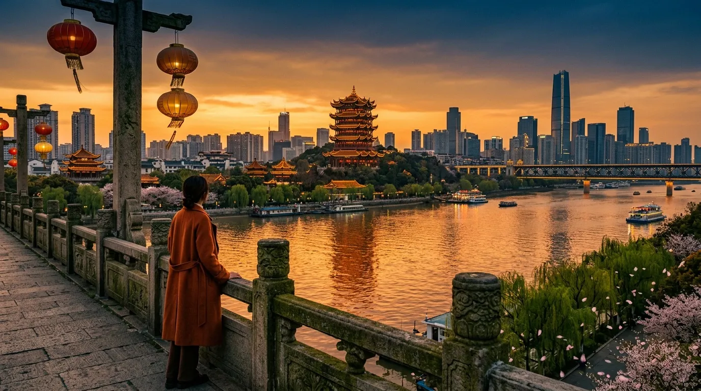 Femme en robe rouge contemplant la tour jaune au coucher soleil