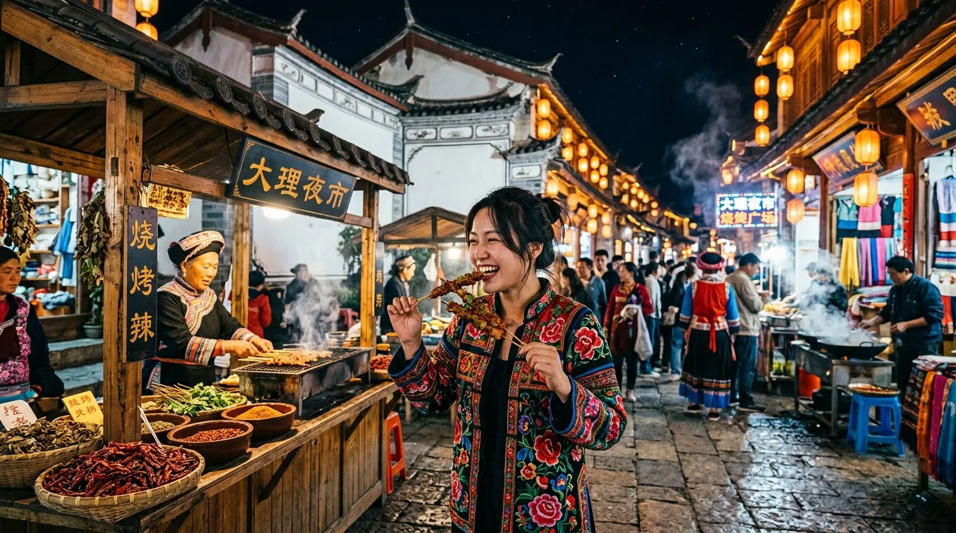 Femme souriante dégustant brochette dans marché asiatique illuminé