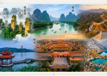 Collage de six sites emblématiques chinois: montagnes, pagode, Muraille, palais