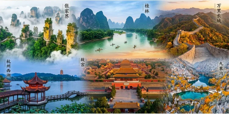Collage de six sites emblématiques chinois: montagnes, pagode, Muraille, palais