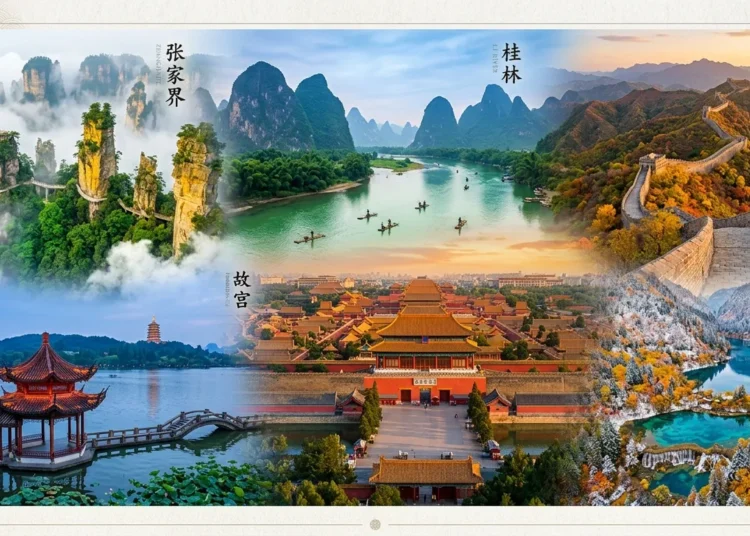 Collage de six sites emblématiques chinois: montagnes, pagode, Muraille, palais