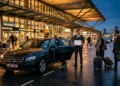 Professional taxi driver with passengers at airport terminal entrance