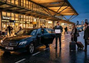 Professional taxi driver with passengers at airport terminal entrance