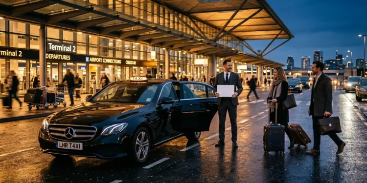 Professional taxi driver with passengers at airport terminal entrance