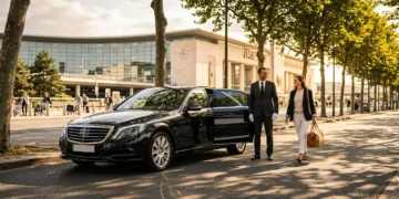 Couple sortant d'une berline noire devant bâtiment moderne