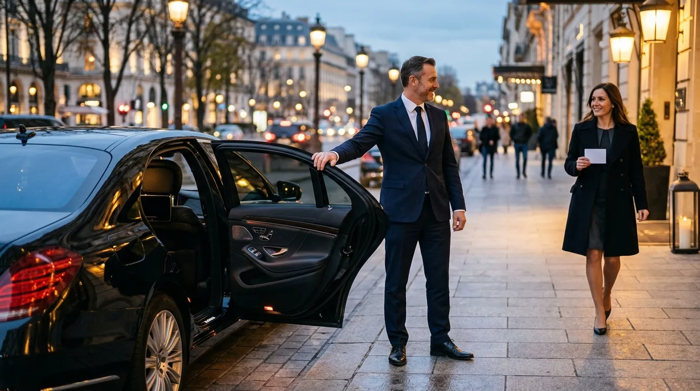 Businessman opening car door for businesswoman on elegant Paris street.